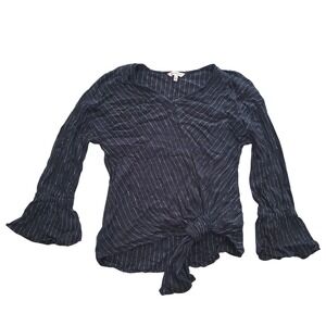 Juicy Couture Womens Black Silver Metallic Pinstripe Bell Sleeve Wrap Top Size M